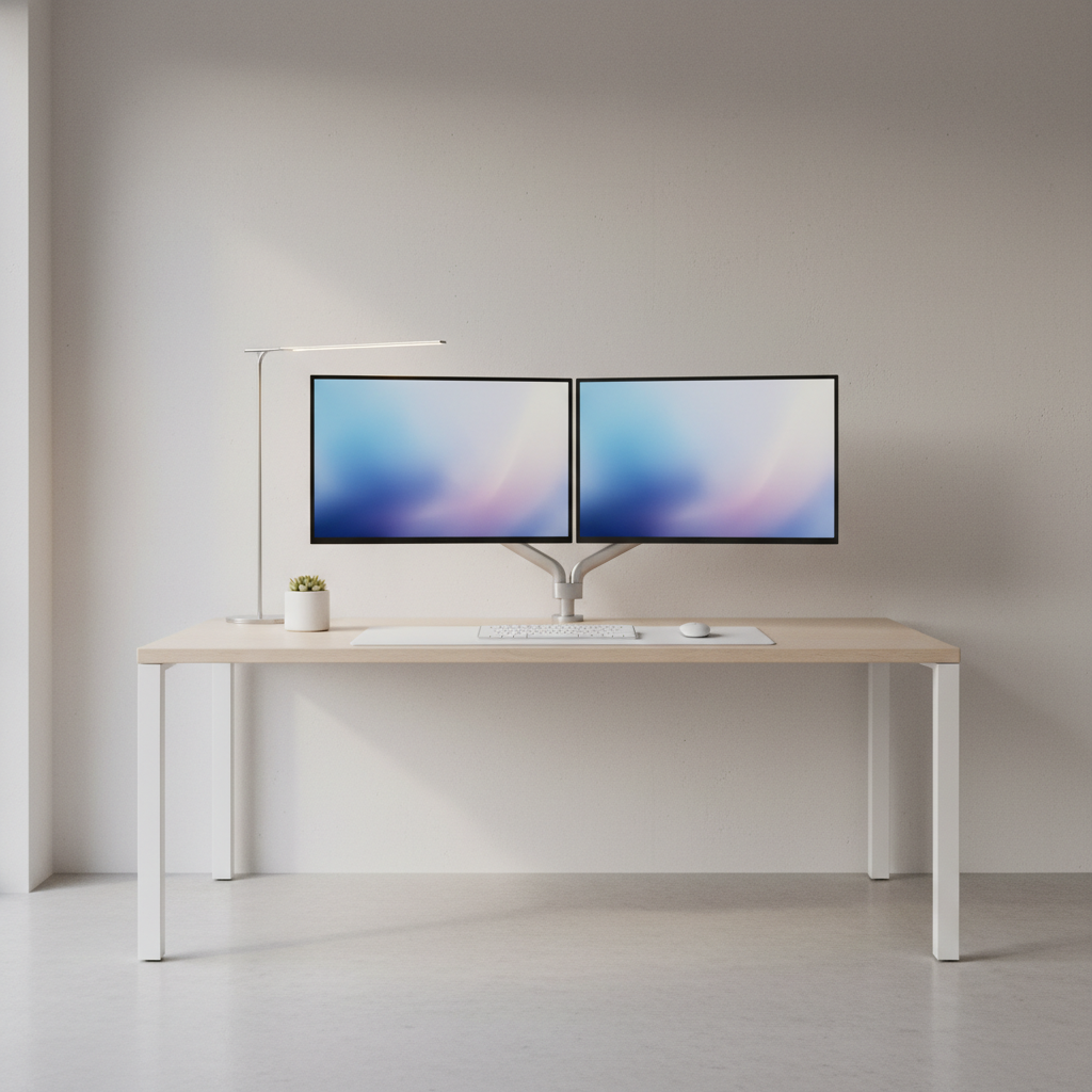 심플한 화이트 데스크 위에 모니터 암으로 공중 부양된 두 개의 27인치 베젤리스 모니터와 깔끔한 무선 키보드가 놓인 미니멀리즘 홈 오피스 전경
