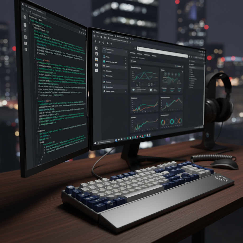 세로형 모니터에는 코드가 나열되어 있고 가로형 모니터에는 웹 브라우저가 띄워진 개발자의 전문적인 작업 공간과 세련된 기계식 키보드 소품