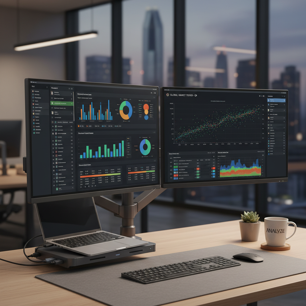 노트북을 도킹 스테이션에 연결하여 외부 듀얼 모니터로 확장한 현대적인 사무실 데스크와 데이터 분석 차트가 가득한 업무 화면