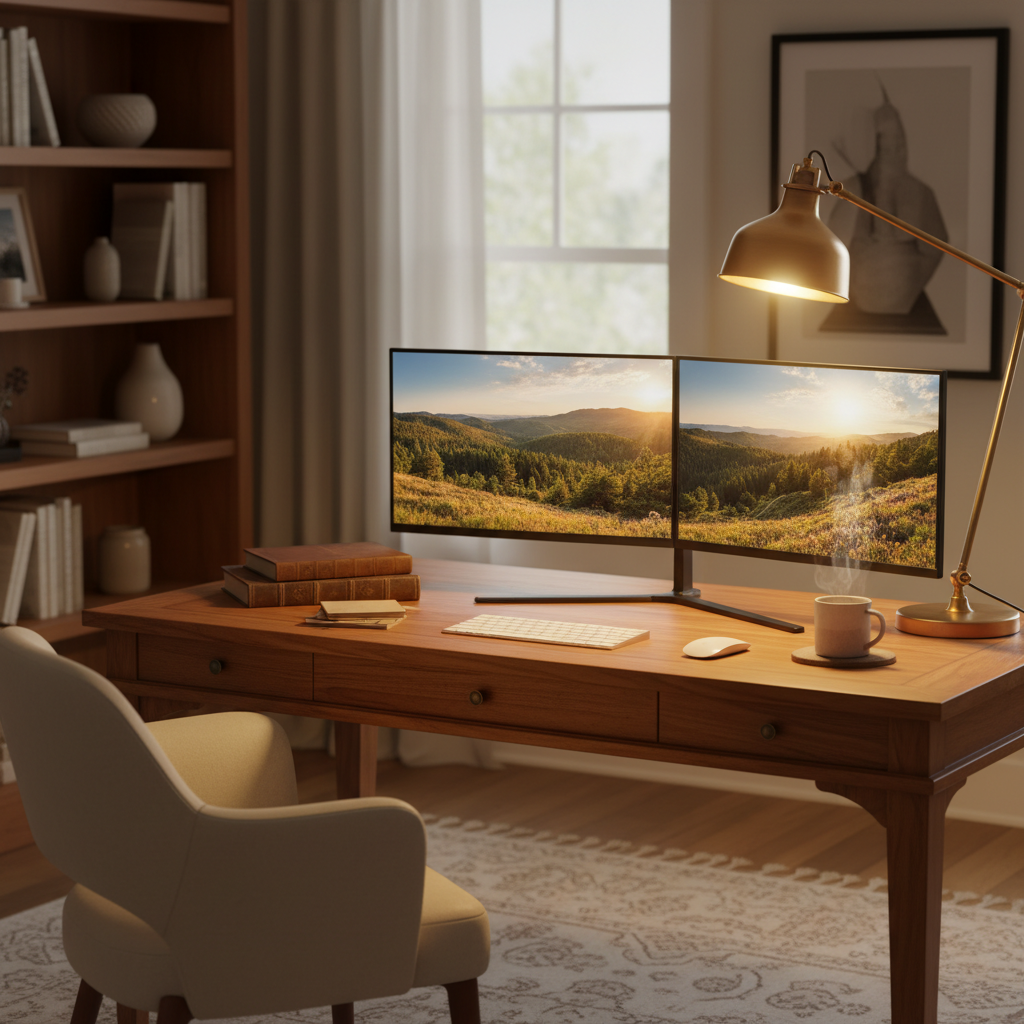 따뜻한 색감의 데스크 램프 조명 아래 자연 풍경 배경화면이 하나로 이어지는 듀얼 모니터와 원목 책상이 조화를 이루는 아늑한 서재