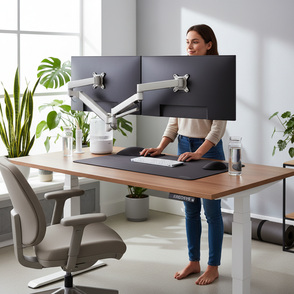 인체공학적 설계를 강조하여 사용자의 눈높이에 맞게 나란히 배치된 듀얼 모니터와 모션 데스크가 있는 건강한 업무 환경 묘사